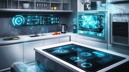 Poster - A conceptual futuristic kitchen with voice-activated AI controlling cooking processes and ingredient management.