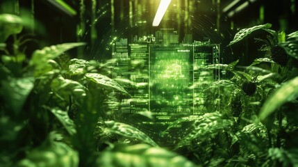 Poster - A conceptual image of a digital farming assistant AI analyzing real-time crop growth data.