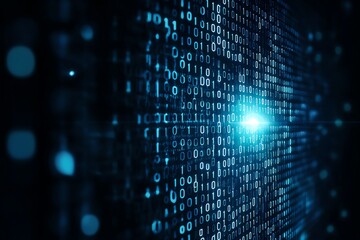 Aufkleber - A futuristic digital backdrop featuring a cascade of binary code illuminated by a glowing blue light, symbolizing the essence of data, technology, and innovation in the digital age