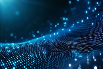 Poster - an abstract representation of digital data waves, featuring luminous blue dots against a dark backgr