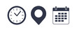 © Mykyta - Time, date and address icon set. Travel concept or booking. Calendar, clock, location. Editable vector. Filled vector