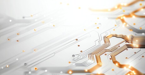 Poster - Abstract digital circuit design with golden lines and dots on a white background, symbolizing technological advancement and electronic innovation in modern computing.