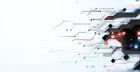 Poster - Futuristic circuit board design with intricate lines and glowing nodes, representing advanced technology and innovation. Perfect for showcasing digital processes and connections.