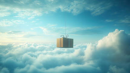 Wall Mural - Delivering dreams a floating package amidst soft clouds aerial view surreal conceptual art