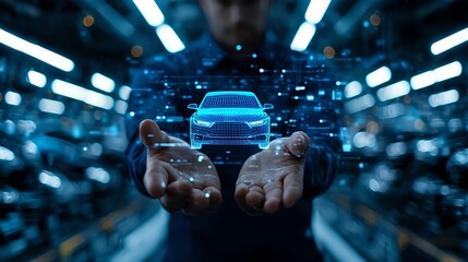 Poster - A person displaying a holographic car model with digital elements in a modern automotive setting. This image represents innovation and future technology in the automotive industry.