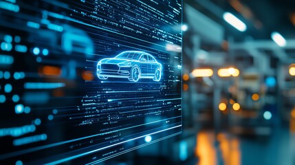 Poster - A futuristic car hologram displayed in a tech environment, showcasing innovation and advanced automotive technology