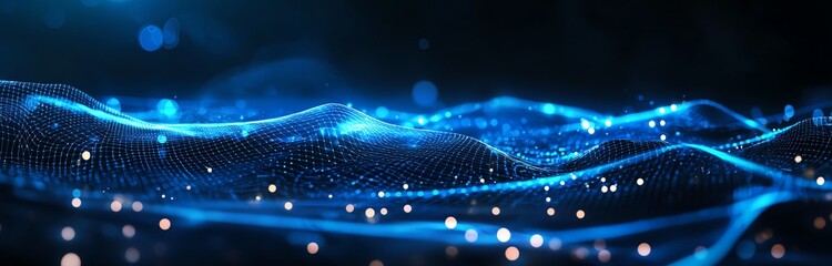 Poster - Stunning blue waves of light with sparkling dots create an immersive digital landscape, representing innovation, technology, and the future of visual experiences.