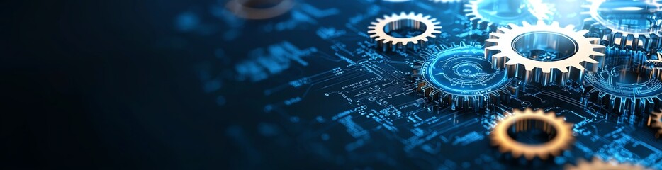 Aufkleber - Futuristic gears and circuits illuminated by blue lights symbolize innovation and advanced technology, showcasing the connection between mechanics and digital evolution.