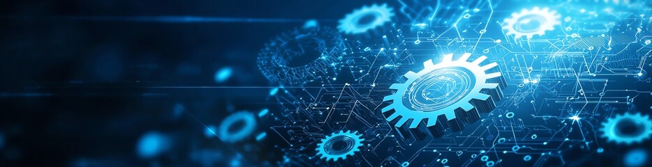Poster - A futuristic digital representation of gears and technological elements, illustrating the concept of automation and innovation in modern industry. Perfect for tech-related visuals.