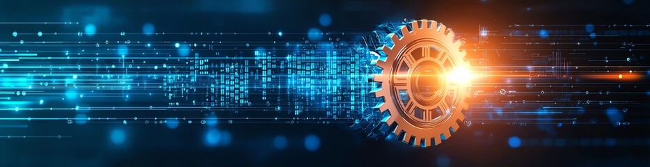 Aufkleber - a vibrant digital illustration showcasing a glowing gear amidst dynamic data streams, symbolizing th