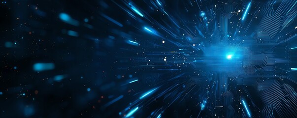 Poster - A dynamic blue abstract background illustrating speed and motion. Light rays and particles create a sense of futuristic technology and innovation, perfect for digital themes.