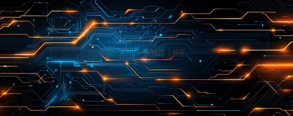 Poster - A futuristic digital background featuring glowing lines and circuits in vibrant blue and orange hues, perfect for showcasing technology, innovation, and modern design.