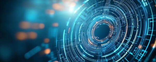 Aufkleber - A close-up view of a futuristic digital interface featuring technology patterns, glowing blue lights, and intricate designs. Perfect for concepts related to innovation and science.