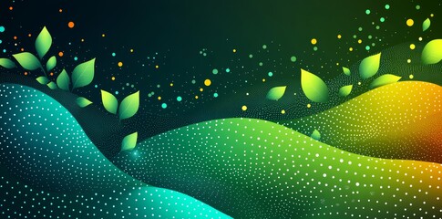 Poster - Gradient halftone pattern on a green abstract background with gradient dots and wavy lines