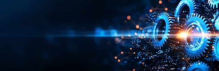 Aufkleber - An abstract representation of technology featuring glowing gears and dynamic lines, symbolizing innovation and automation in a digital landscape
