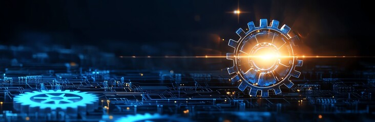 Aufkleber - A futuristic digital landscape featuring glowing gears and intricate circuitry, representing advanced technology and innovation. Perfect for tech-related themes and concepts.