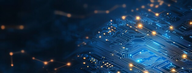 Poster - Abstract close-up of a futuristic circuit board with illuminated patterns. Perfect for illustrating innovation, technology, and electronics advancements in digital media.