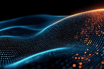 Poster - An abstract representation of digital waves, showcasing vibrant blue and orange hues intertwined with luminous dots, creating a visually striking and futuristic aesthetic.
