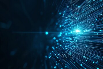 Poster - An abstract representation of technology featuring vibrant blue light rays emanating from a central point, symbolizing data flow and connectivity in a digital universe.