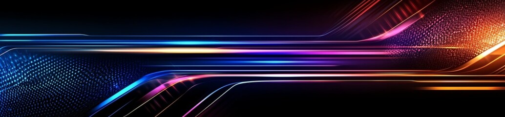 Poster - A vibrant and dynamic abstract background showcasing illuminated lines with blue, purple, and orange hues, perfect for tech-related designs and modern digital applications.