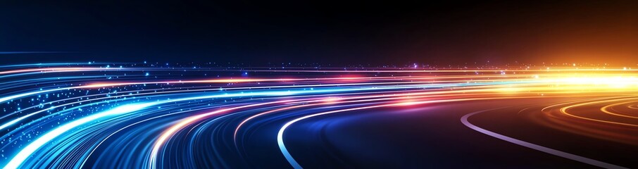 Poster - An artistic representation of dynamic motion, featuring vibrant streaks of light that convey speed and energy, ideal for illustrating modern transport themes and technology.