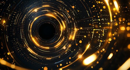 Poster - A mesmerizing abstract representation of digital data flow, featuring bright gold and dark elements creating a sense of depth and movement, ideal for tech or futuristic themes.