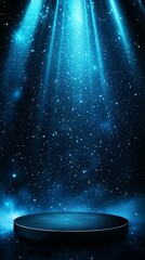 Poster - A captivating background featuring a circular platform, illuminated by radiant blue light rays and sparkling stars, perfect for showcasing products or designs in an ethereal settin