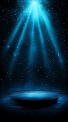 Poster - This abstract image features a glowing blue light emanating from above, illuminating a circular pedestal