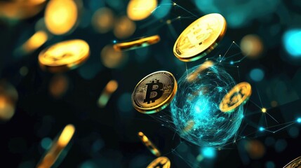 Poster - A digital finance representation with a glowing blue and yellow Earth and coins hovering in an economic network.