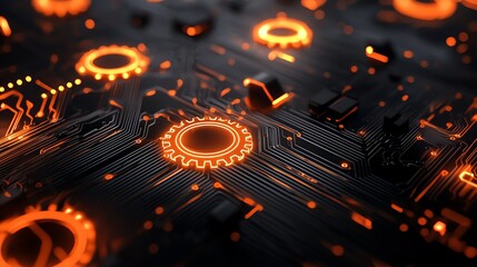 Poster - A close-up view of an intricate circuit board with glowing orange elements, showcasing the beauty of technology and innovation in modern electronics and digital devices.