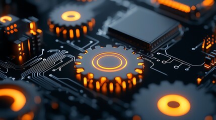Poster - Intricate close-up of a modern circuit board featuring glowing orange gears and digital components, illustrating advanced technology and innovation in electronics.