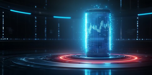 Poster - A high-tech beverage can surrounded by dynamic blue lights and digital data display. Perfect for representing innovation in the drink industry or technology trends.