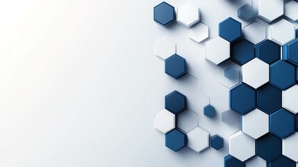Poster - An abstract design featuring interconnected hexagons in various shades of blue and white. This modern graphic composition creates a sense of depth and dynamic visual interest.