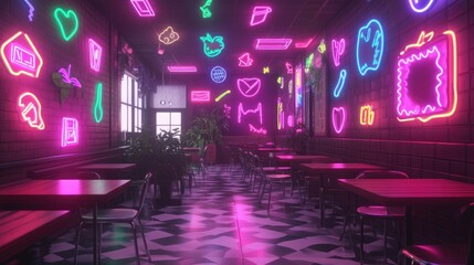 Poster - A dynamic D digital classroom environment with neon-themed floating academic icons representing various learning disciplines.