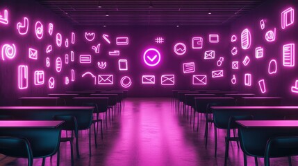 Poster - A dynamic D digital classroom environment with neon-themed floating academic icons representing various learning disciplines.