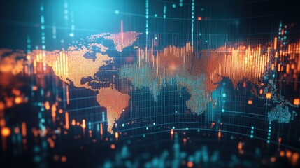 Poster - A dynamic financial trade map in D-rendered flat design, illustrating currency markets, stocks, and GDP projections.