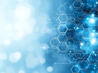 Poster - a vibrant abstract background featuring a network of hexagonal shapes illuminated by blue and white 