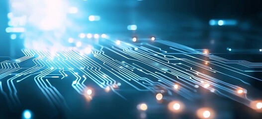 Poster - A close-up view of a modern microchip circuit, showcasing intricate patterns and glowing lights, symbolizing advanced technology and innovation in electronics.