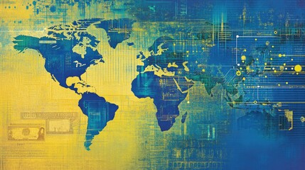 Poster - A finance-driven global economy with a divided blue and yellow world, digital payments, and physical currency.