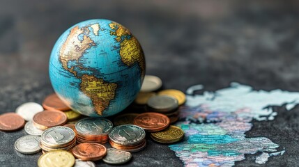 Poster - A financial concept with a globe placed on a global trade map, surrounded by coins from different currencies.