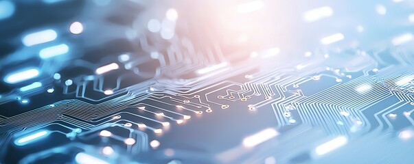 Poster - A close-up view of a modern circuit board showcasing intricate pathways and glowing components, symbolizing advanced technology and digital innovation.