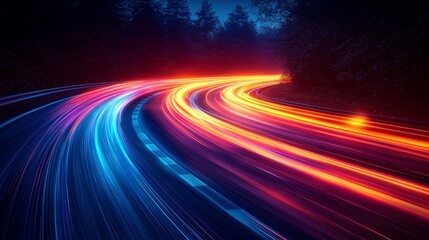 Poster - In a dark high-tech setting, a dynamic data stream is displayed with light trails in vibrant blue, green, and red colors, streaming towards the horizon, creating a visual of motion and energy