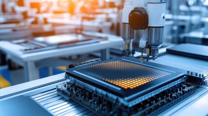 Poster - A futuristic AI-driven semiconductor production lab with robotic wafer assembly.