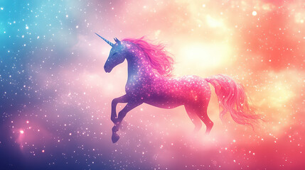Poster - Magical unicorn leaping through colorful cosmic clouds fantasy realm digital art ethereal atmosphere surreal viewpoint