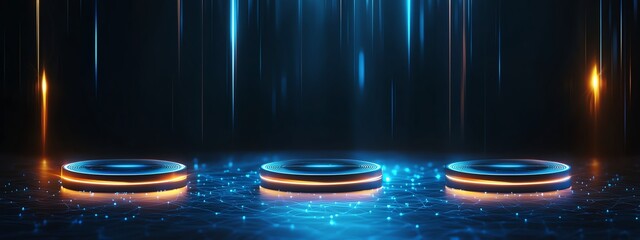 Poster - An abstract digital background featuring three illuminated platforms with glowing edges, set against a shimmering blue and orange backdrop