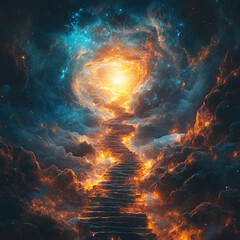 Poster - Stairway to the light celestial pathway journey through cosmic clouds fantasy scene dreamy environment inspirational view
