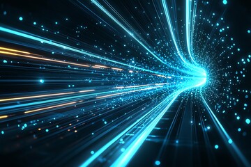 Poster - A mesmerizing digital art piece depicting streams of blue light particles emerging from a central point, symbolizing speed, movement, and futuristic technology.