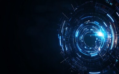 Poster - Futuristic digital design featuring glowing blue elements on a dark background. Ideal for showcasing themes of innovation, artificial intelligence, or data processing.