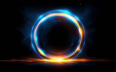 Poster - A vibrant and dynamic circular design with blue and orange glowing effects against a dark background, perfect for abstract art or digital projects.