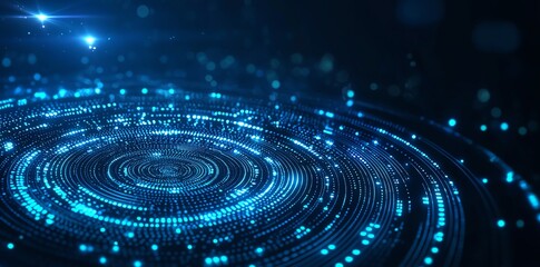 Poster - A mesmerizing digital abstract background featuring swirling patterns of luminous blue lights. Ideal for tech-themed projects, illustrating innovation, connections, and modernity.